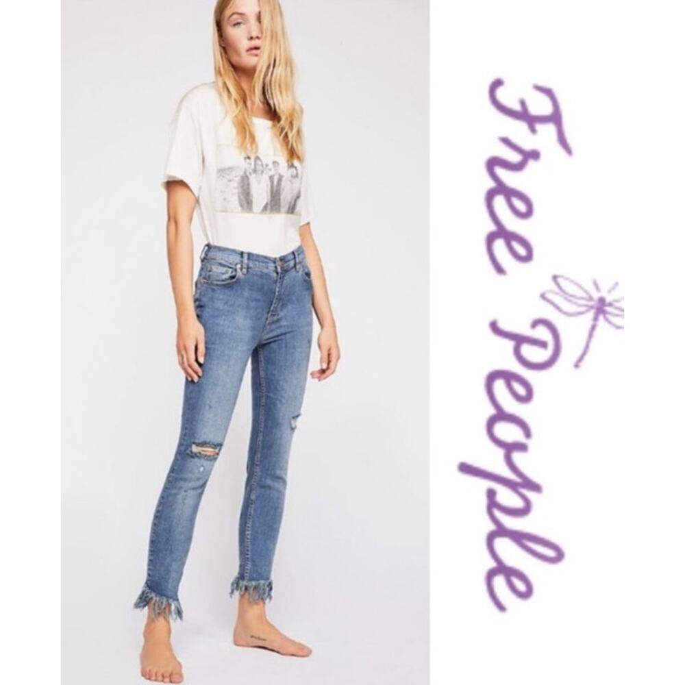 Free People Womens Great Heights Frayed Fringe Stretchy Cropped Blue Jeans Sz 26